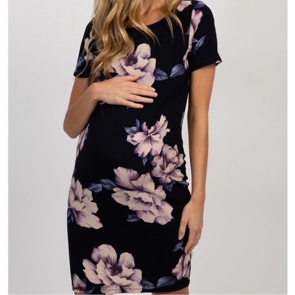 Pink Blush Maternity Navy Blue Floral Short Sleeve Dress Medium - Picture 2 of 9
